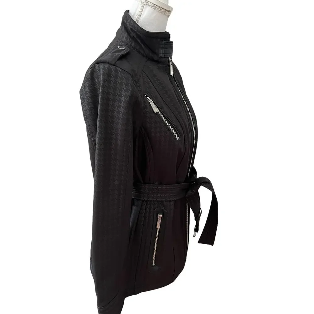 Michael Kors Weatherproof Belted Jacket Black Houndstooth Print S